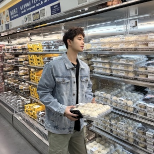 潮牌宽松上衣男士 外套男春季 夹克 复古水洗牛仔外套工装 飞型记美式