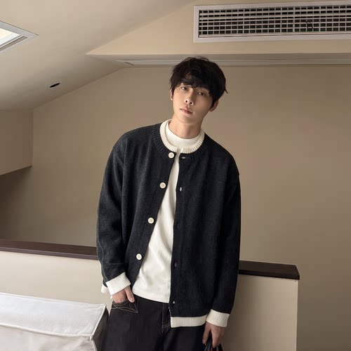 飞型记老钱风假两件排扣开衫羊毛毛衣男深灰色针织衫慵懒感外套