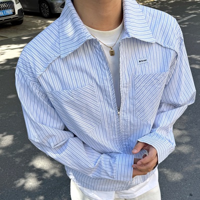 蓝色条纹衬衫男2025秋季新款