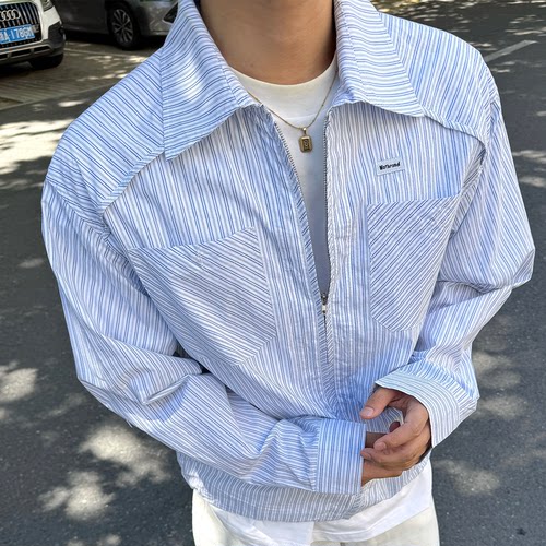 蓝色条纹衬衫男2025秋季新款