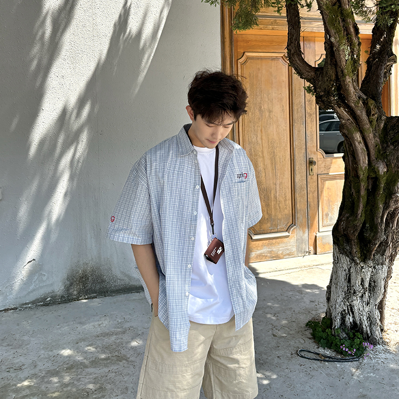美式复古格子衬衫短袖情侣上衣