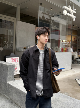 飞型记黑色工装风翻领长袖衬衫男宽松纯棉休闲少年感春季衬衣外套