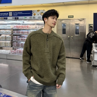 飞型记羊毛复古风半拉链立领针织衫 男宽松百搭高级感毛衣潮牌上衣