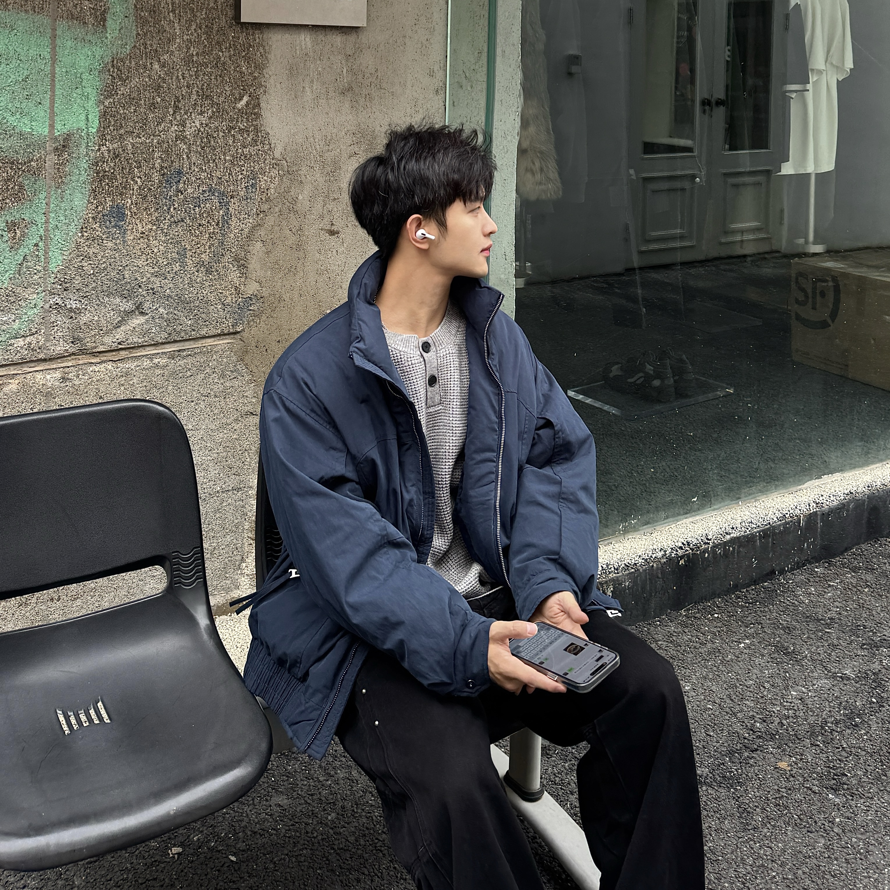 飞型记90白鸭绒羽绒服男短款宽松蓝色冬季加厚拼接立领保暖外套