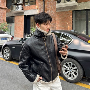 飞型记皮毛一体羊羔毛皮衣男加厚保暖机车夹克加厚黑色翻领外套