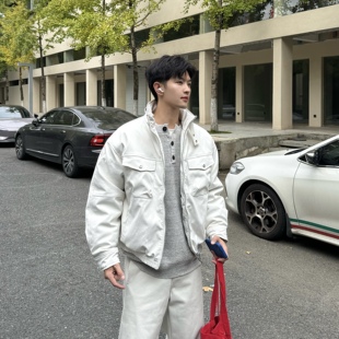 飞型记美式复古飞行员夹克男短款宽松白色立领拉链棉服冬季外套