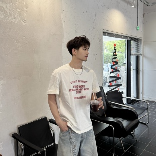 宽松纯棉上衣 2026新款 飞型记重磅白色字母印花短袖 t恤男生夏季