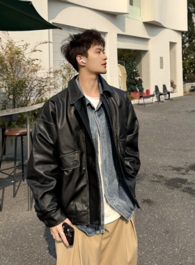 飞型记美式复古pu皮夹克男春季新款宽松黑色机车服翻领上衣外套潮