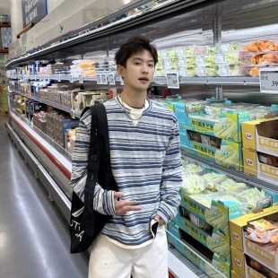 套头衫 T恤男2026春季 休闲宽松上衣 潮牌假两件条纹长袖 飞型记美式