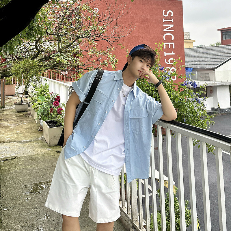 飞型记浅蓝色工装短袖衬衫男款夏季日系休闲宽松五分袖衬衣外套