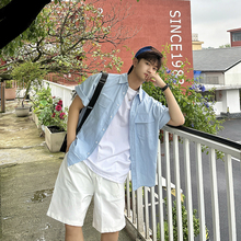 飞型记浅蓝色工装短袖衬衫男款夏季日系休闲宽松五分袖衬衣外套