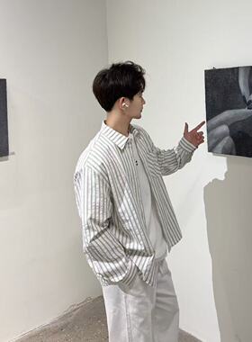 飞型记白色泡泡纱条纹长袖衬衫男春季美式少年感衬衣慵懒风外套