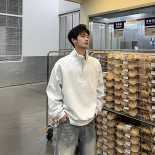 飞型记美式 重磅宽松廓形运动外套上衣 休闲半拉链立领卫衣男春款