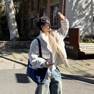 飞型记羊羔绒立领羽绒服夹克男冬季潮牌加厚加绒90白鸭绒保暖外套