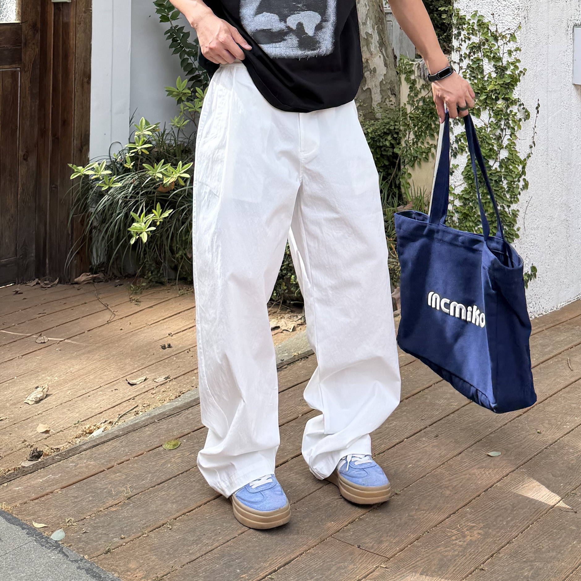 飞型记白色宽松休闲裤男夏季薄款宽松直筒肌理感轻薄轻量化长裤
