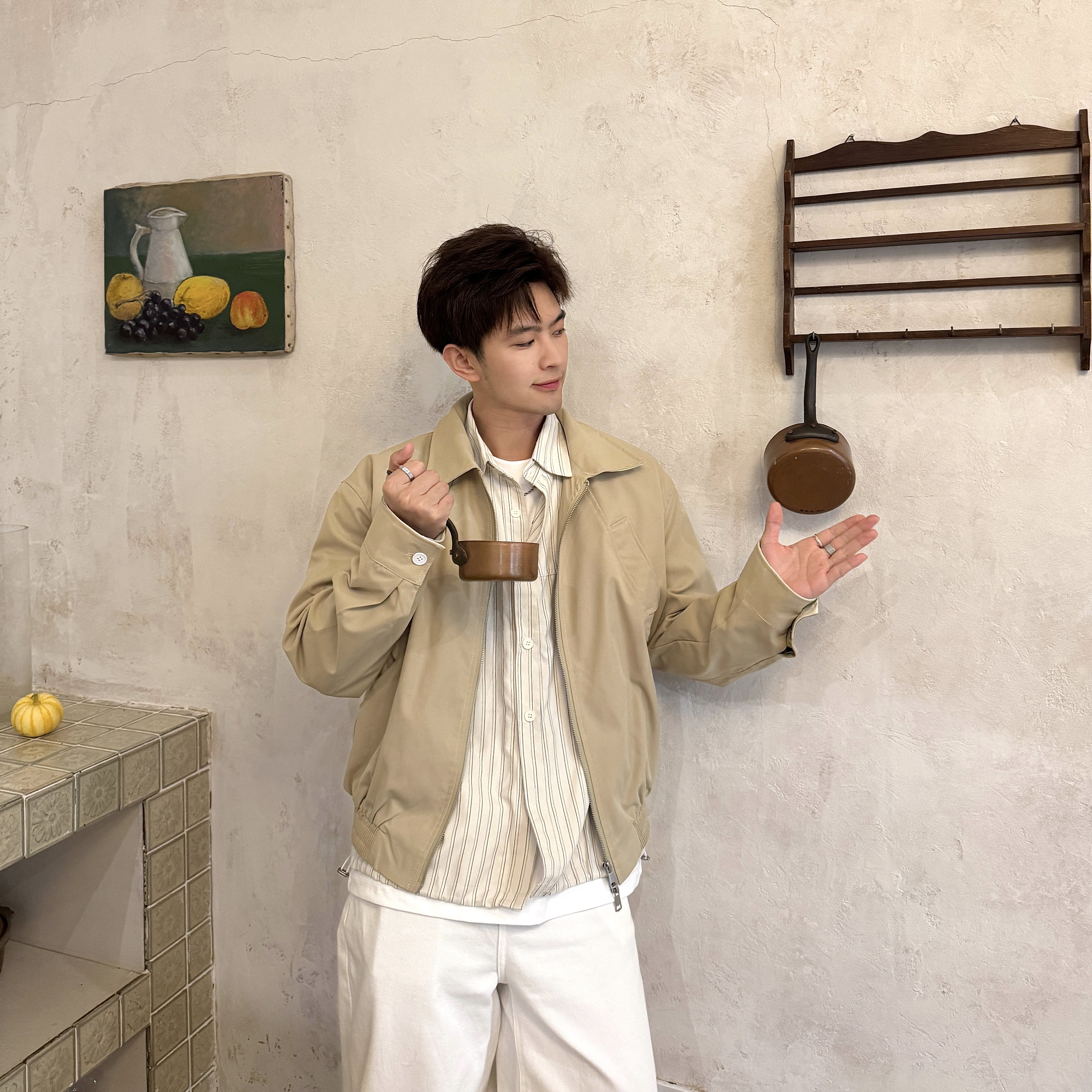 飞型记卡其色短款哈灵顿夹克男宽松飞行员工装翻领拉链休闲外套