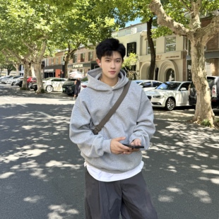 飞型记420g灰色cleanfit卫衣连帽男短款秋季美式重磅男生帽衫上衣