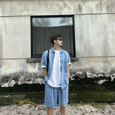 飞型记口袋工装薄款柔软垂感牛仔短袖衬衫衬衣男生夏季新款上衣