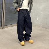 百搭裤 男高街解构设计感长裤 子 复古宽松蓝色阔腿牛仔裤 飞型记美式