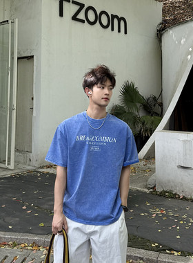 飞型记美式潮牌做旧印花短袖男夏季宽松百搭半袖复古浅蓝色t恤