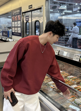 飞型记420g本命年红色纯色圆领加绒卫衣男秋冬季宽松百搭针织衫