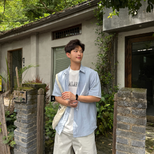 飞型记莱赛尔淡蓝色短袖衬衫男士夏季新款宽松休闲亚麻衬衣外套