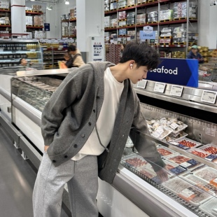 飞型记美式休闲风连帽针织开衫男单排扣宽松慵懒简约软糯毛衣外套