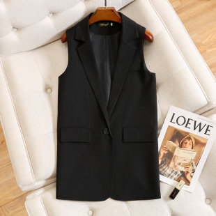 2024马甲女春秋小个子中长款西装马夹外套宽松后背腰带黑色坎肩休