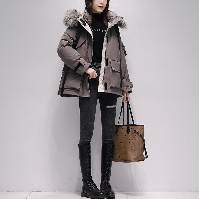 派克羽绒服女中长款高领2022年新款冬真大毛领白鸭绒加厚工装外套