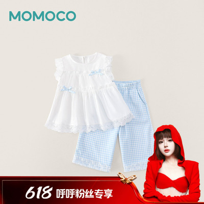 【呼呼专享】MOMOCO夏季女童甜美可爱蓝色格子套装78630578042