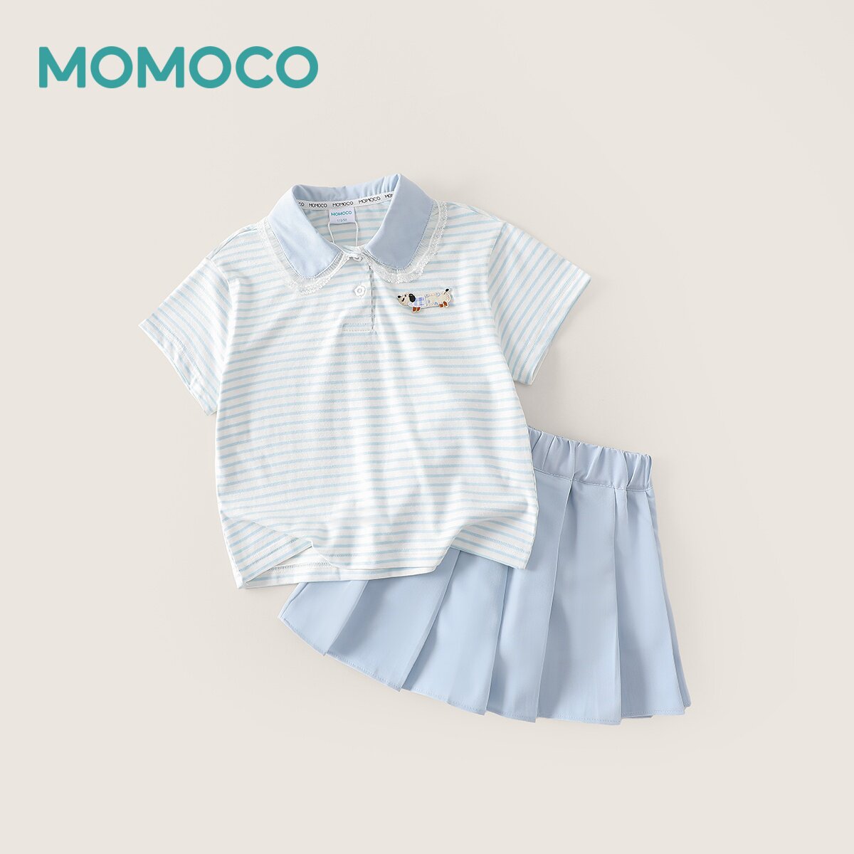 【呼呼专享】MOMOCO夏季女童条纹T恤童装夏装翻领短袖套装两件套图片