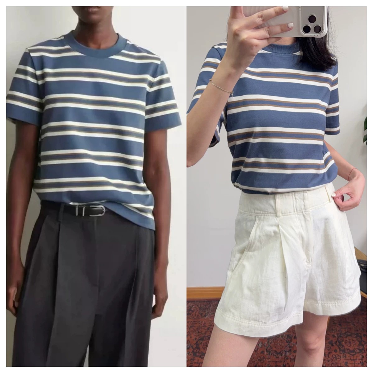特价清仓通勤风蓝白条纹圆领T恤女短袖棉质基础款上衣夏季