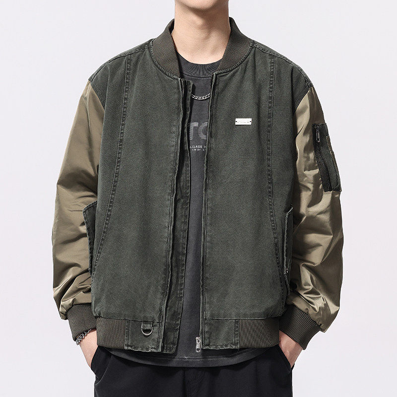 美式复古潮牌拼接飞行员夹克男2025春季抽褶拼色棒球服工装外套潮