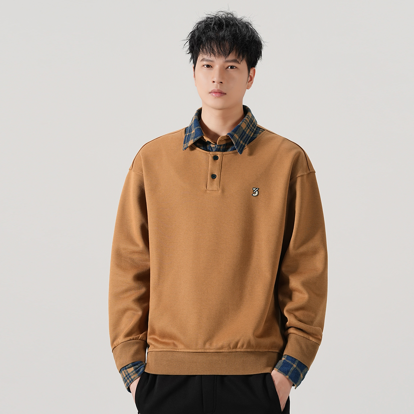 美式复古360g重磅卫衣男秋季潮牌宽松休闲衬衫领假两件外套男春秋