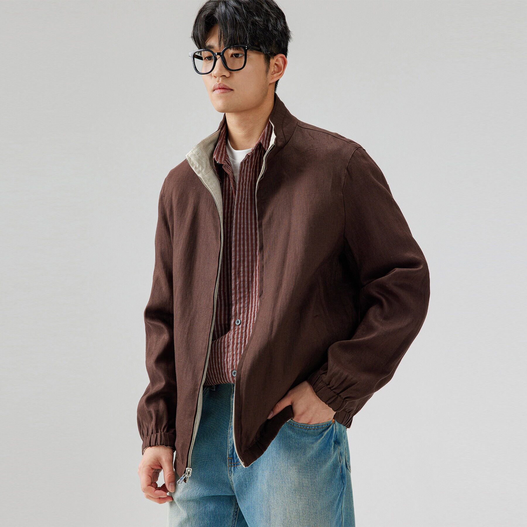 100%亚麻双面穿意式老钱风立领通勤休闲夹克外套男士春季