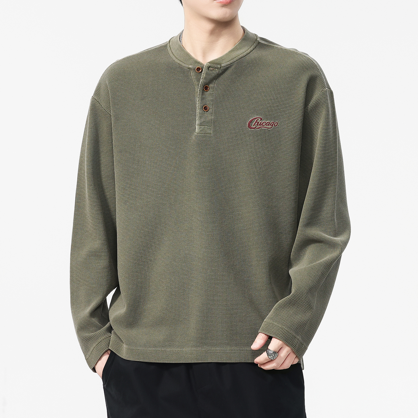 高端美式复古华夫格卫衣男秋季新款潮牌亨利领宽松肌理感长袖T恤