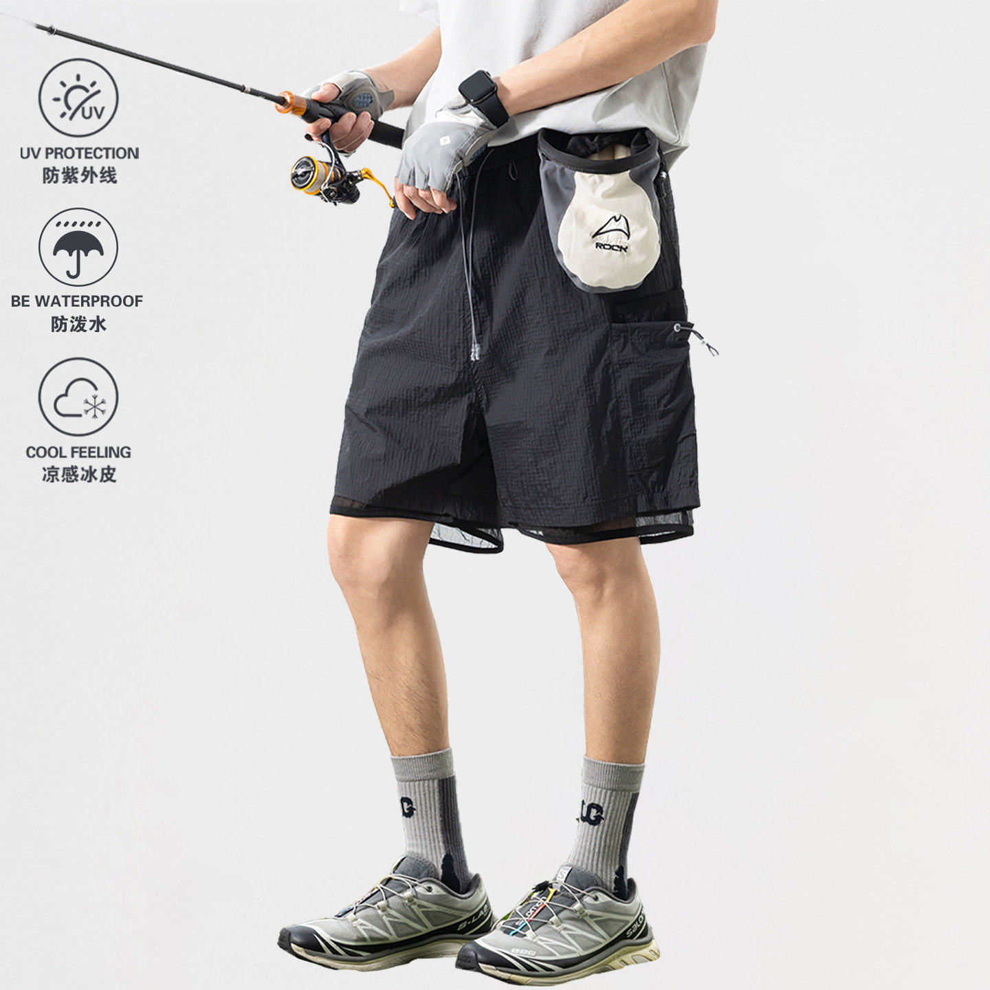 山系户外防水双层速干运动短裤男女款夏季凉感冰丝透气沙滩五分裤