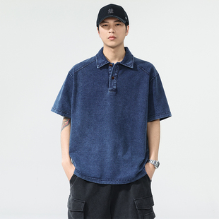 260g重磅水洗复古蓝短袖 t恤男Polo领宽松针织美式 潮牌男士 POLO衫