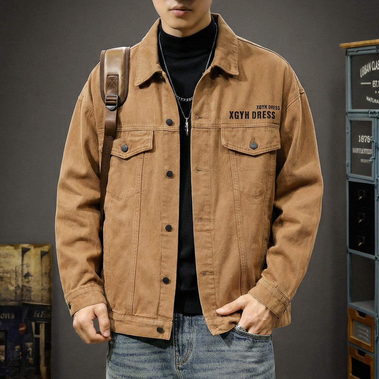 美式复古男士牛仔外套2026新款宽松翻领纯棉潮牌印花工装夹克上衣