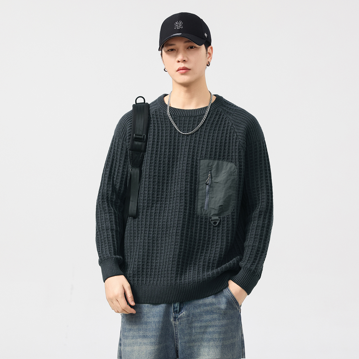 美式重磅复古毛衣男秋冬款加厚口袋设计款潮牌宽松大码男士针织衫