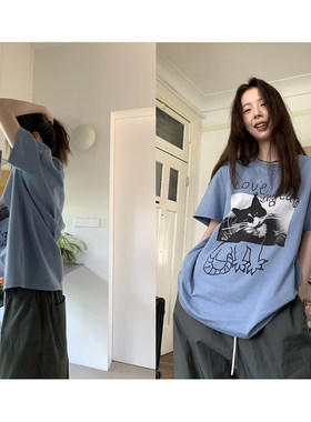 Hellooo Eat 涂鸦感趣味印花短袖t恤夏季圆领宽松蓝色纯棉上衣女