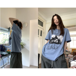 Hellooo Eat 涂鸦感趣味印花短袖t恤夏季圆领宽松蓝色纯棉上衣女