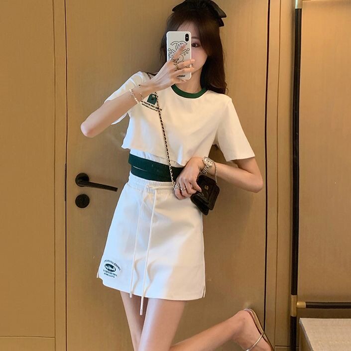 夏季套装女短袖拼接撞色印花字母短款上衣内搭背心抽绳短裙三件套
