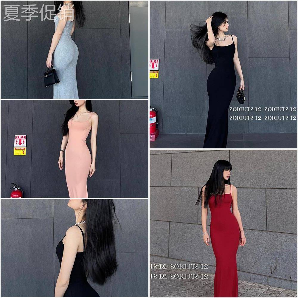 卡戴珊同样的夏天束腰性感辣妹苗条Look紧身黑色吊带裙女士长裙