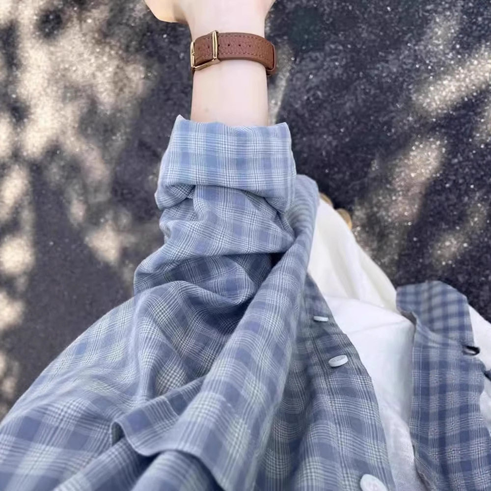 美式复古蓝色格子衬衫女夏季韩系宽松慵懒上衣薄款防晒衫衬衣外套