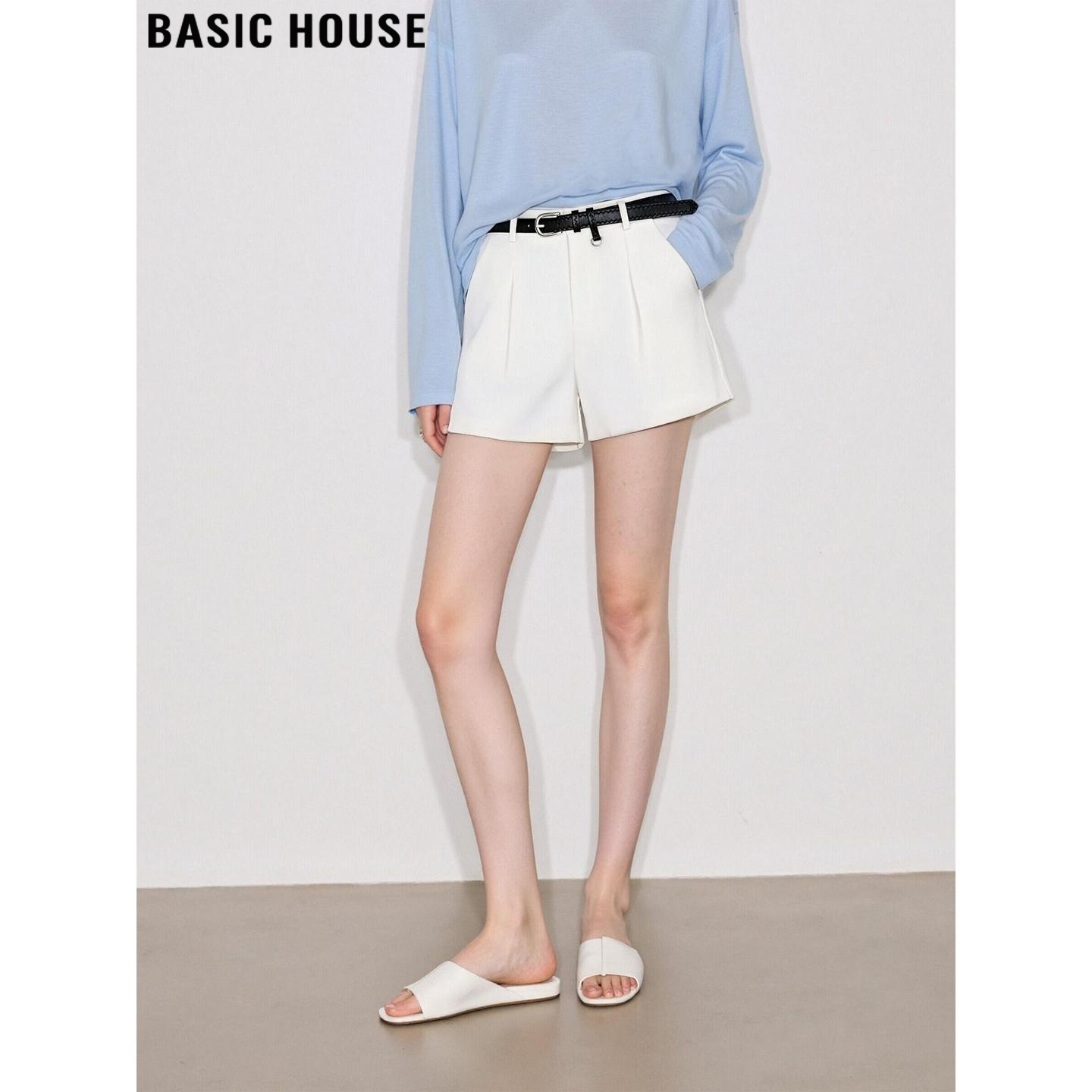Basic House/百家好白色通勤西装短裤女士夏季新款高腰阔腿休闲裤