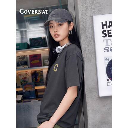 COVERNAT韩国短袖t恤2026新款女夏季情侣装上衣韩系穿搭深灰色T恤