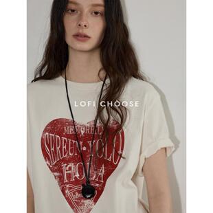 Lofi choose复古撞色字母印花短袖T恤女夏季新款百搭圆领宽松上衣