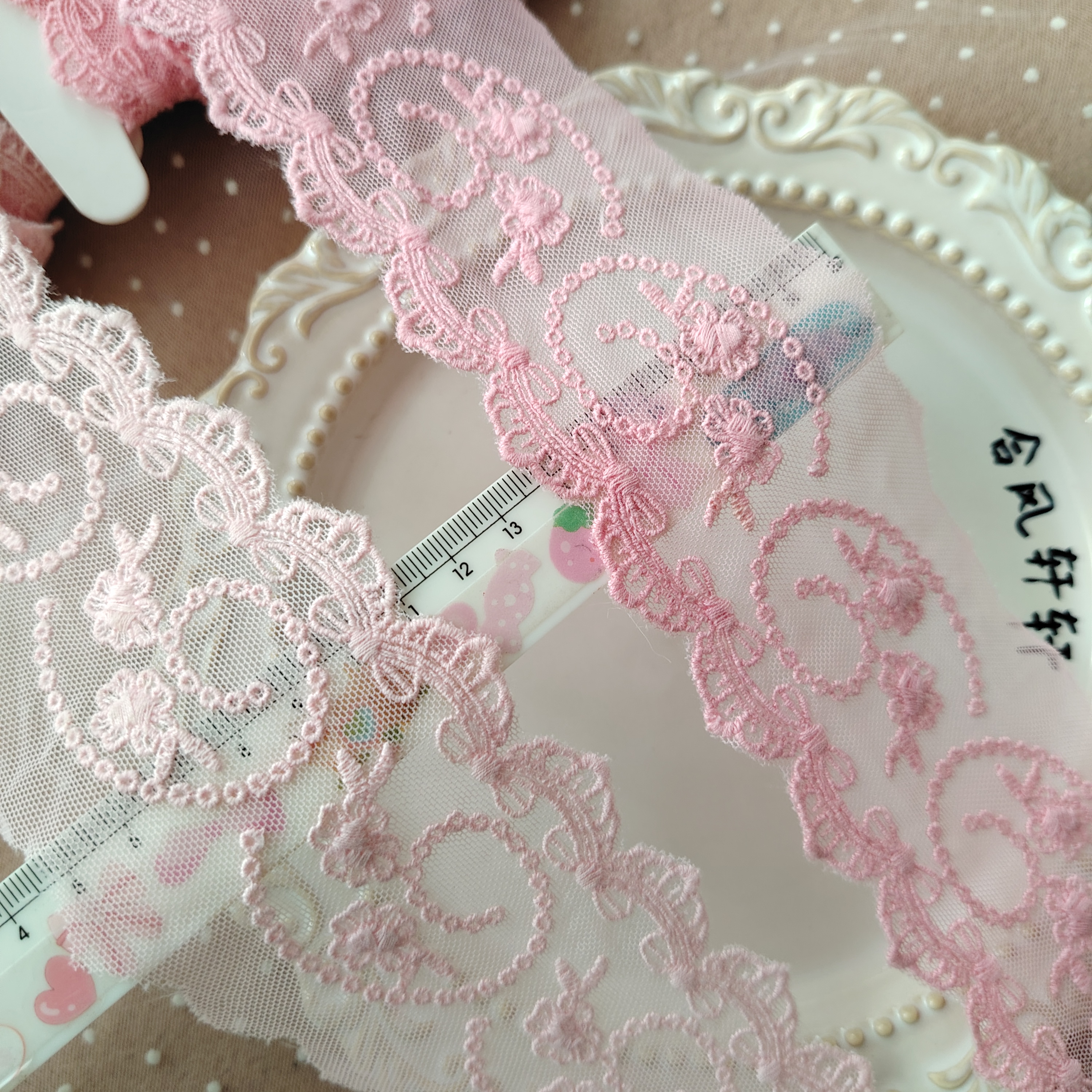 外单浅粉网底棉线绣花织带花边7蝴蝶结发夹洛丽塔裙摆DIY手工辅料