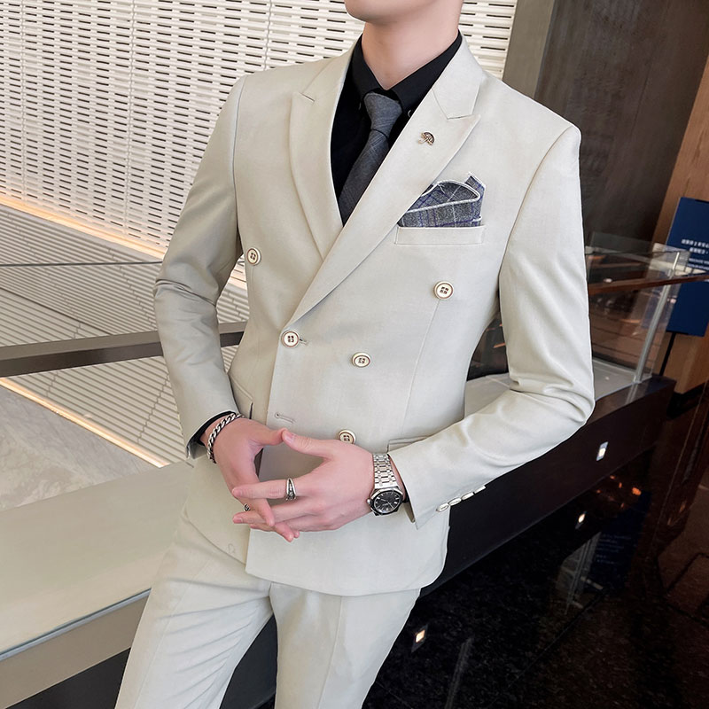 春装双排扣休闲西服套装男韩版商务纯色新郎结婚礼服修身痞帅西装